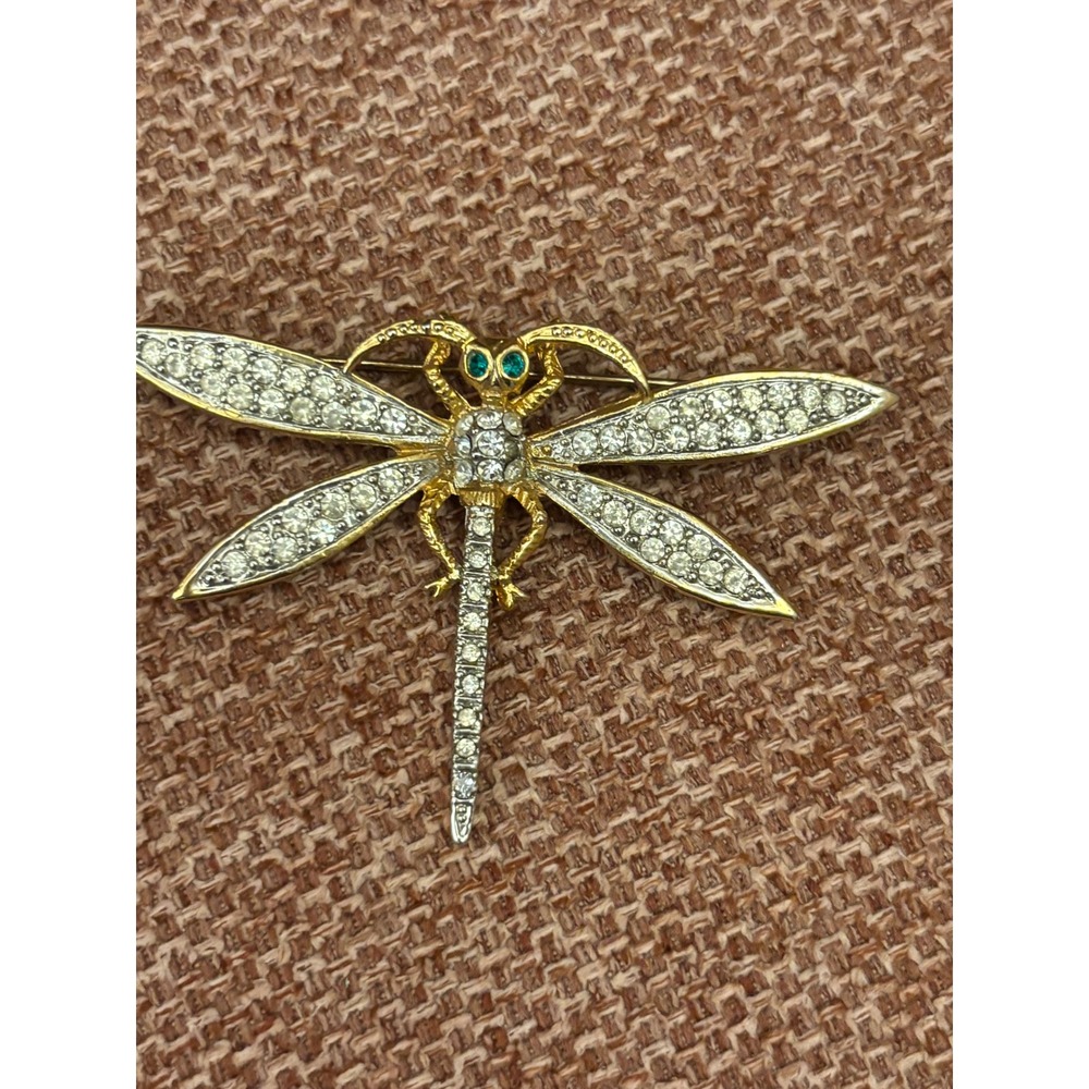 Vintage Gold Tone Dragonfly Brooch Clear Rhinestone Green Eyes Insect Pin